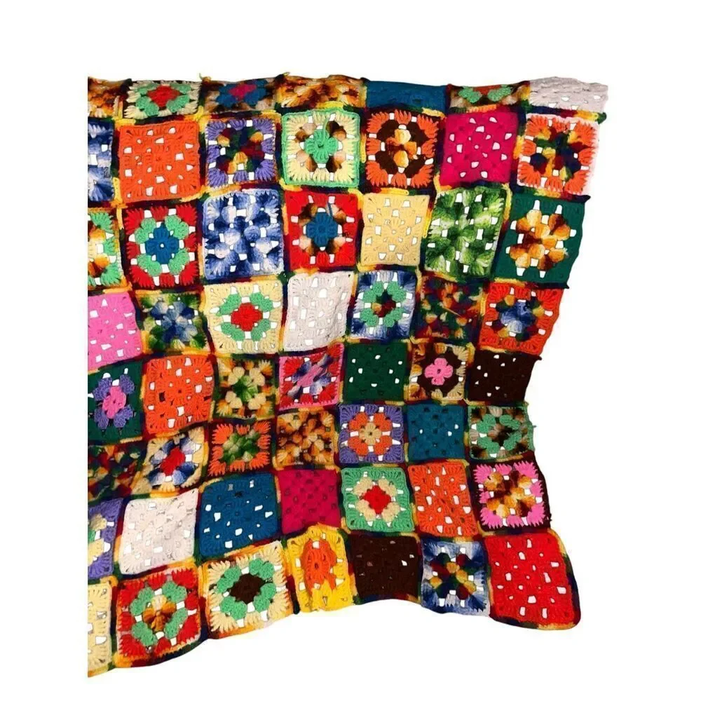 Afghan Crochet quirky Granny Square 66x38 Blanket Handmade Throw colorful floral